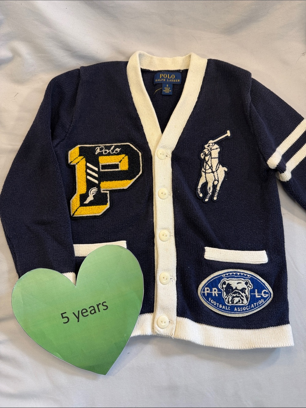 Polo by Ralph Lauren Navy & White Varsity Cardigan with Patches